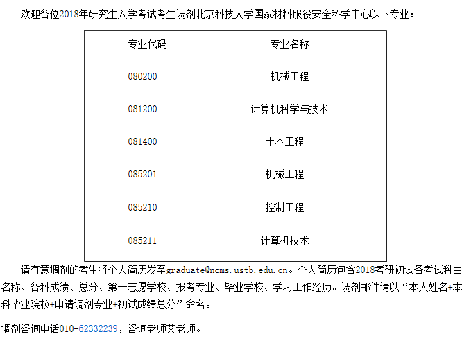 北京科技大学2018年硕士研究生招生调剂信息公告